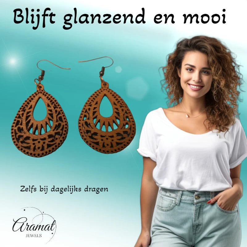 Earrings – Elegant Wooden Earrings Drop Shape Brown Elaborate Motif Women 