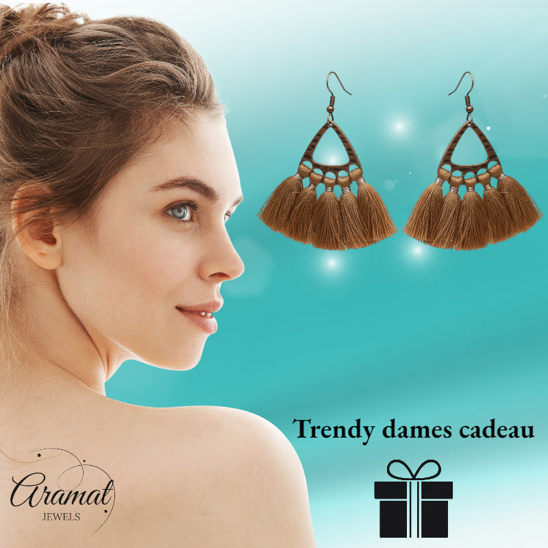 Boho Earrings with Tassels - 55x30mm - Brown