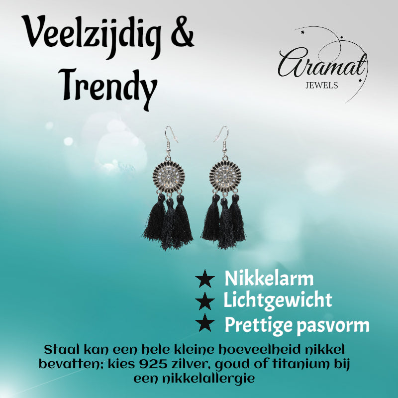 Boucles d'oreilles bohèmes d'été à pompons noirs 75 mm