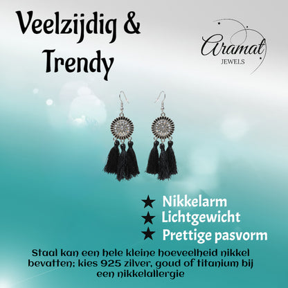 Boucles d'oreilles bohèmes d'été à pompons noirs 75 mm