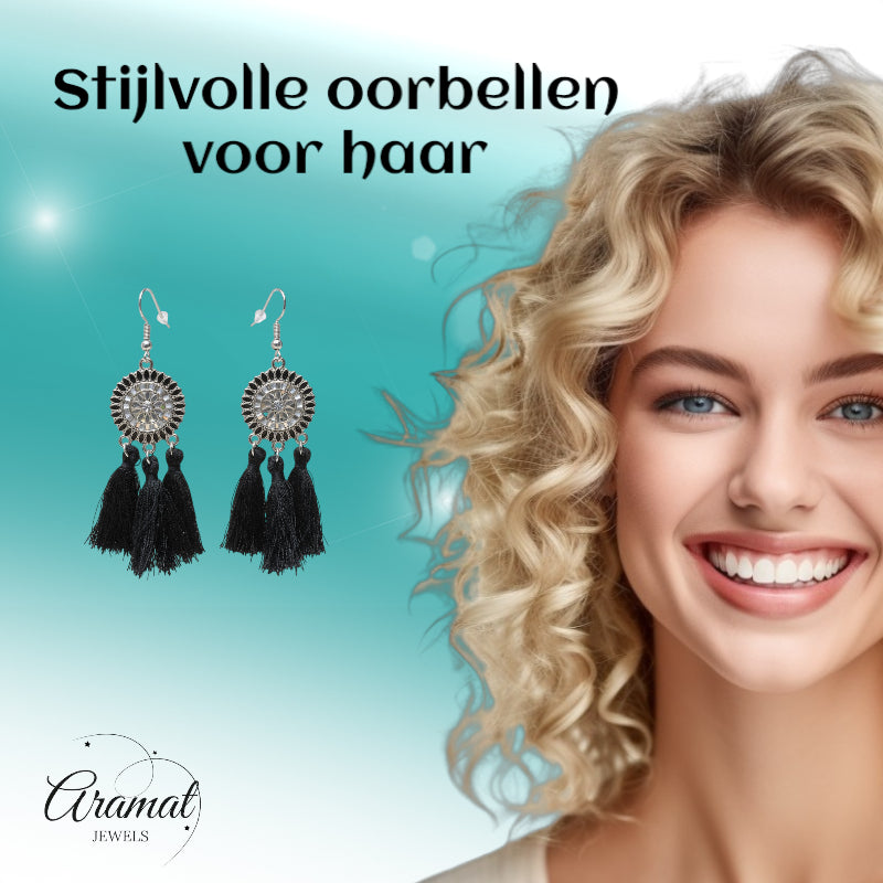 Boucles d'oreilles bohèmes d'été à pompons noirs 75 mm
