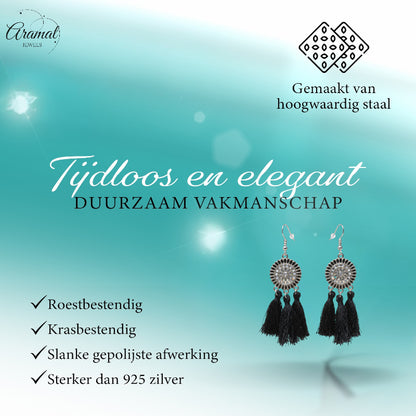 Boucles d'oreilles bohèmes d'été à pompons noirs 75 mm