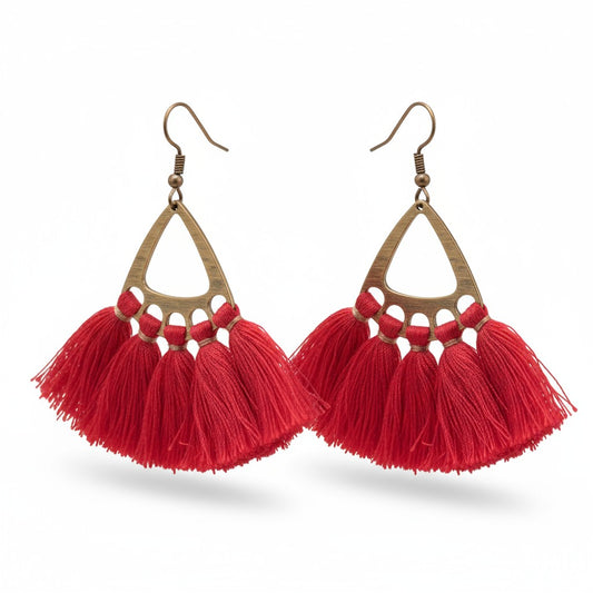 Boho Earrings with Tassels – Red 55x30mm