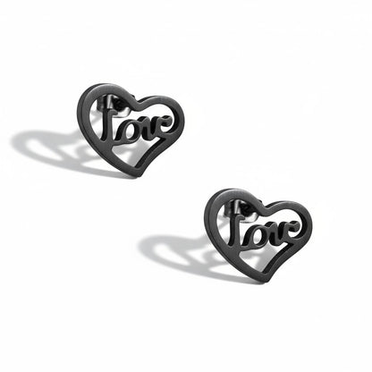 Stalen hartjes oorbellen zwart 9mm RVS, open hartje met love tekst, hypoallergeen oorstekers voor dames en kinderen