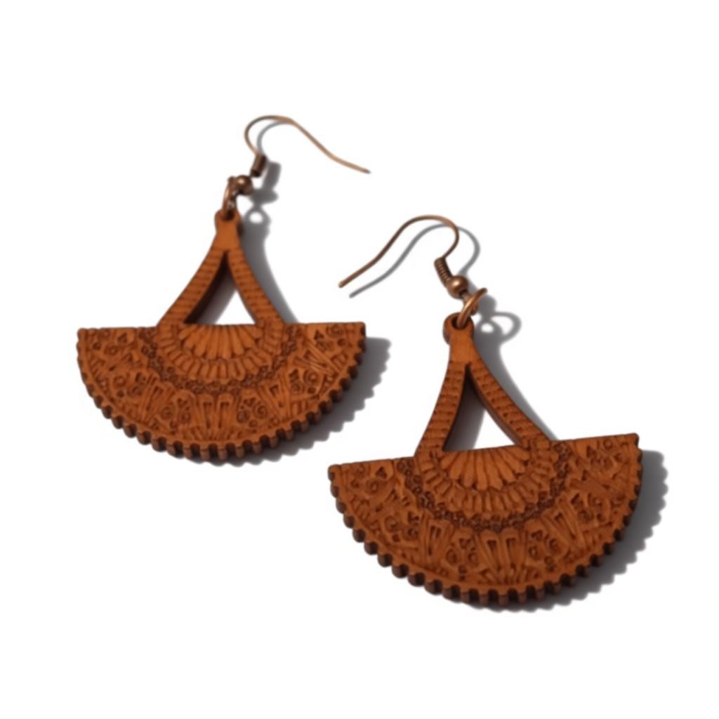 Earrings – Elegant Wooden Earrings Fan Shape Brown Worked Motif Women 