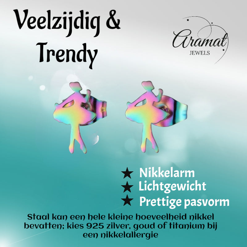 Boucles d'oreilles ballerines en acier inoxydable 12x7mm multicolores - Puces d'oreilles danseuse de ballet