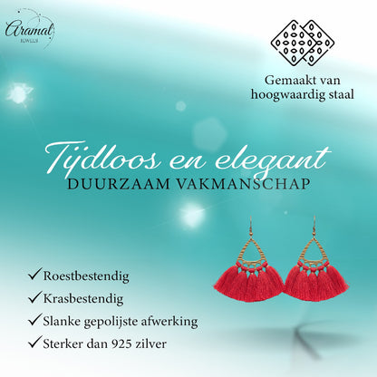 Boucles d'oreilles bohèmes à pompons – Rouges 55 x 30 mm