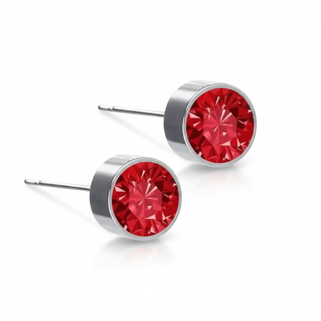 Boucles d'oreilles puces – Acier cristal rouge argenté (6 mm) 