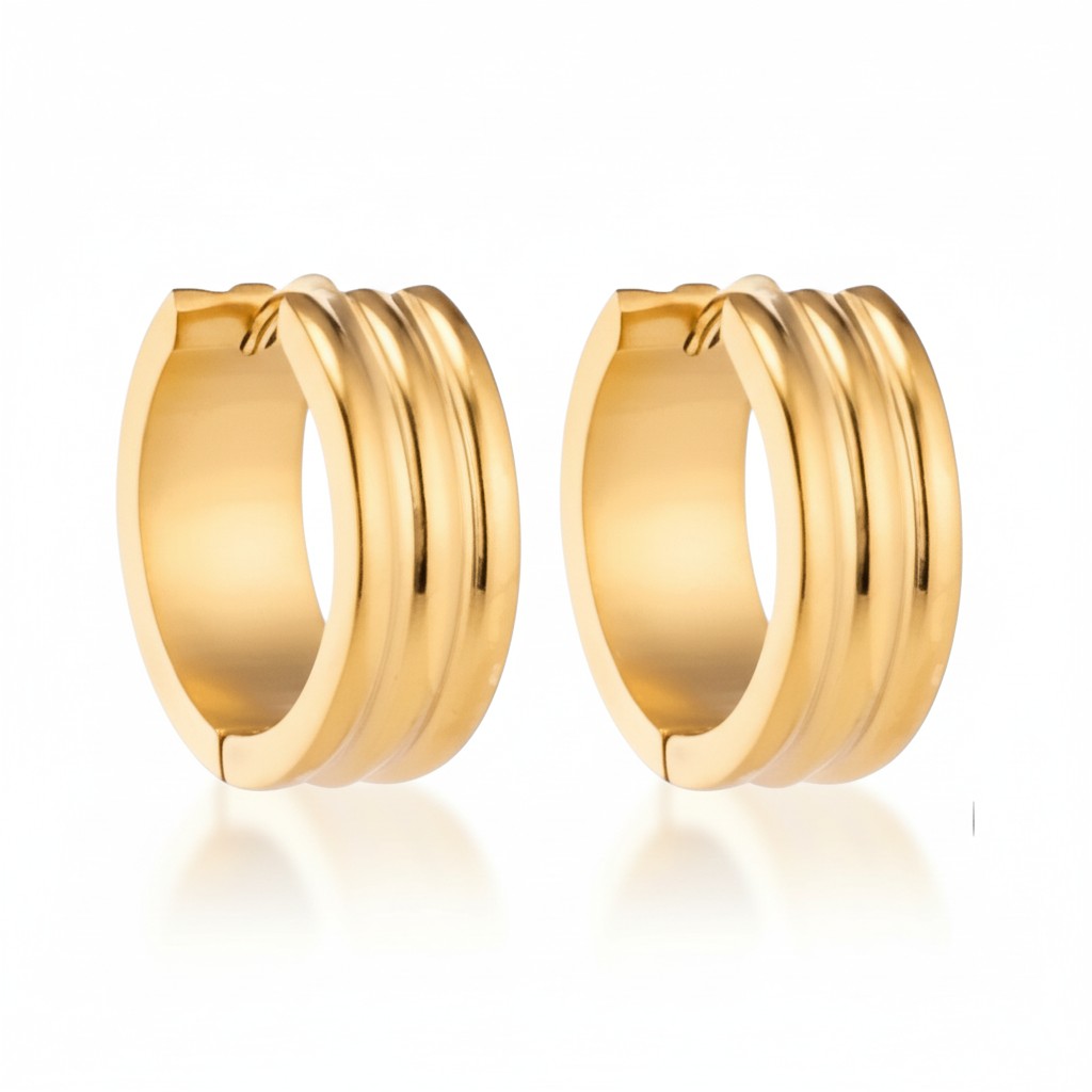 Hoop Earrings – Stainless Steel Gold Color with Two Stripes (13mm or 20mm)