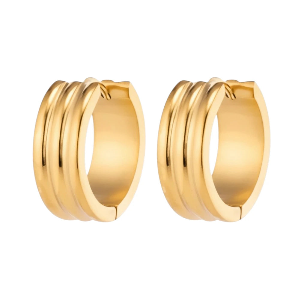 Hoop Earrings – Stainless Steel Gold Color with Two Stripes (13mm or 20mm)