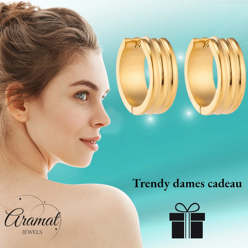 Hoop Earrings – Stainless Steel Gold Color with Two Stripes (13mm or 20mm)