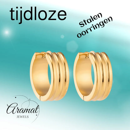 Hoop Earrings – Stainless Steel Gold Color with Two Stripes (13mm or 20mm)