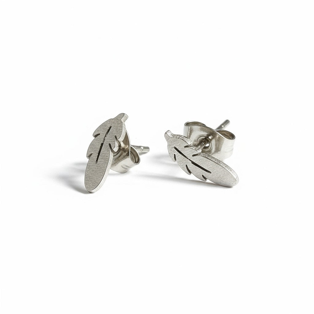 Steel Stud Earrings Feathers Silver Color – 9x3mm