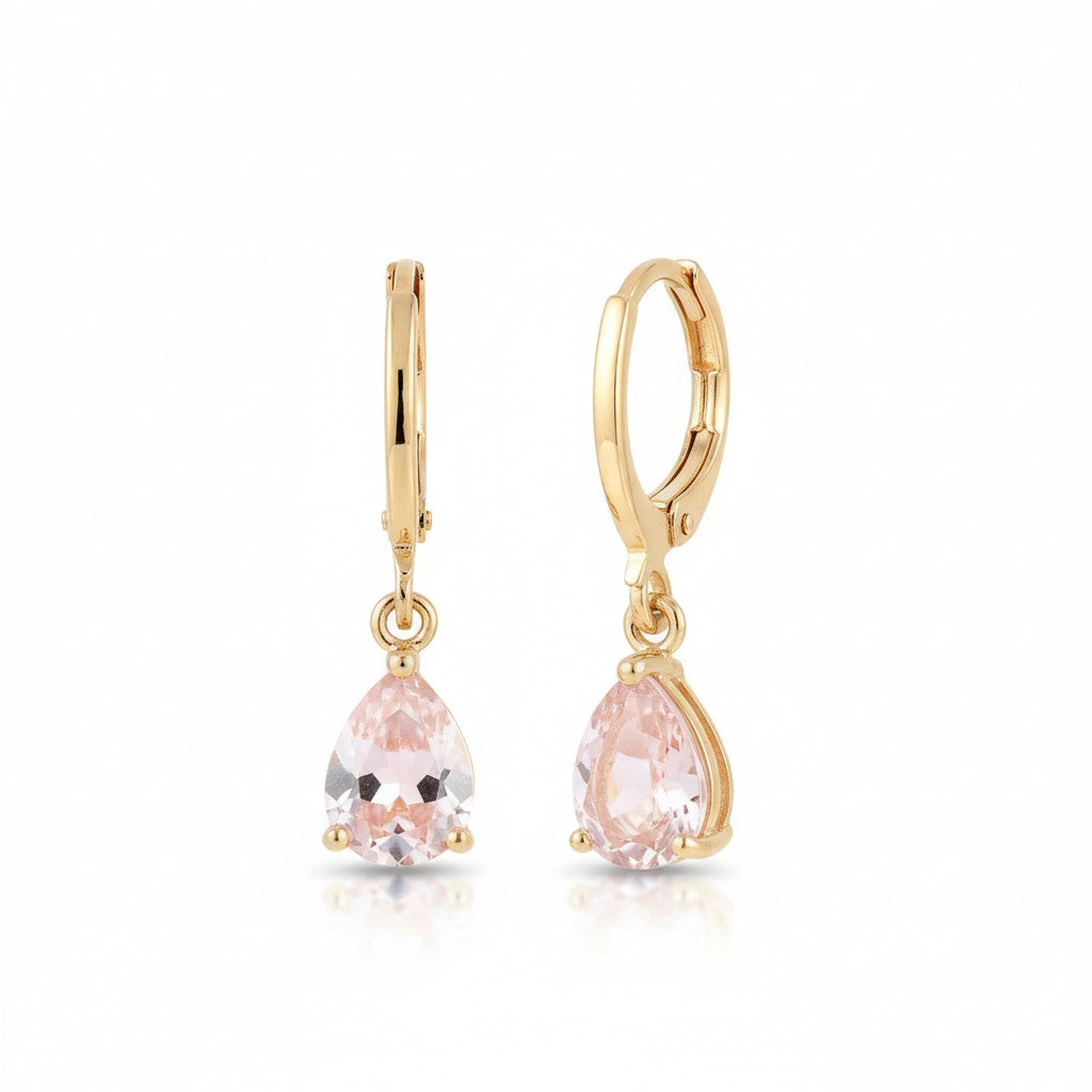 Boucles d'oreilles miniatures dorées pour fille – Zircon rose en forme de goutte – 10 mm