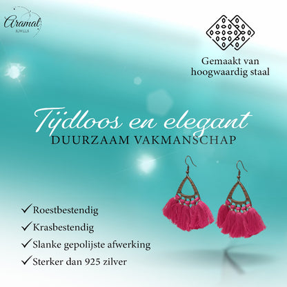 Boucles d'oreilles bohèmes à pompons rose vif 55 x 30 mm