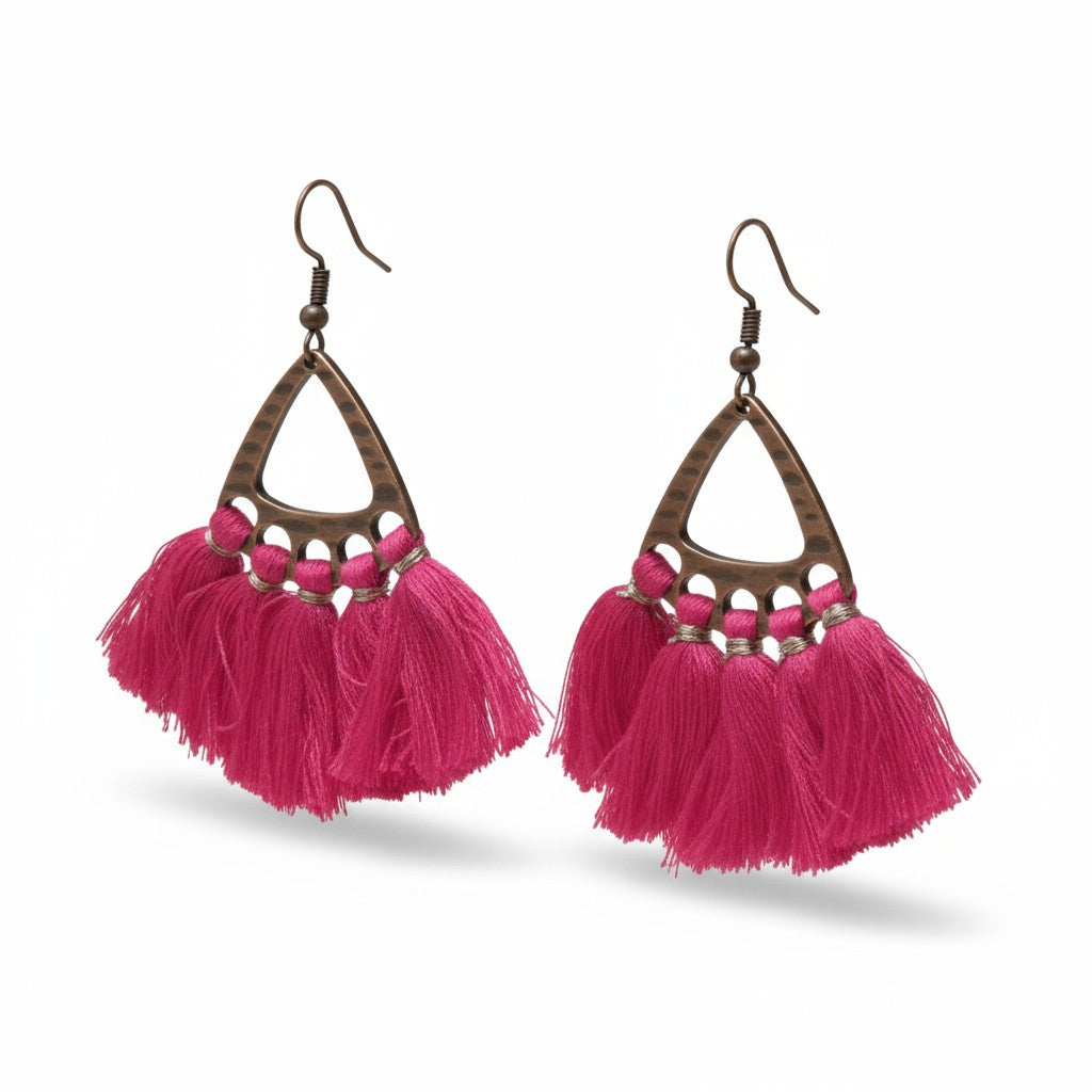 Boho oorhangers met fel roze kwastjes en bronskleur, 55x30mm, lichtgewicht festival oorbellen voor dames