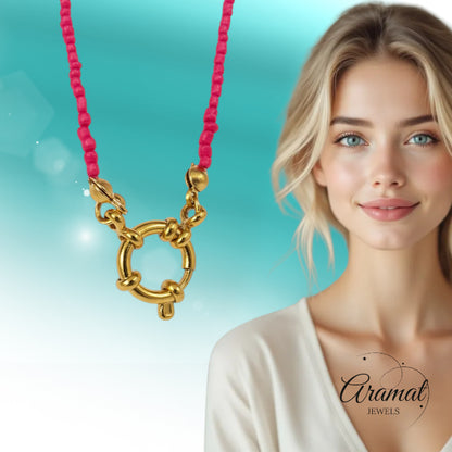 Bright Pink Seed Beads Charm Necklace