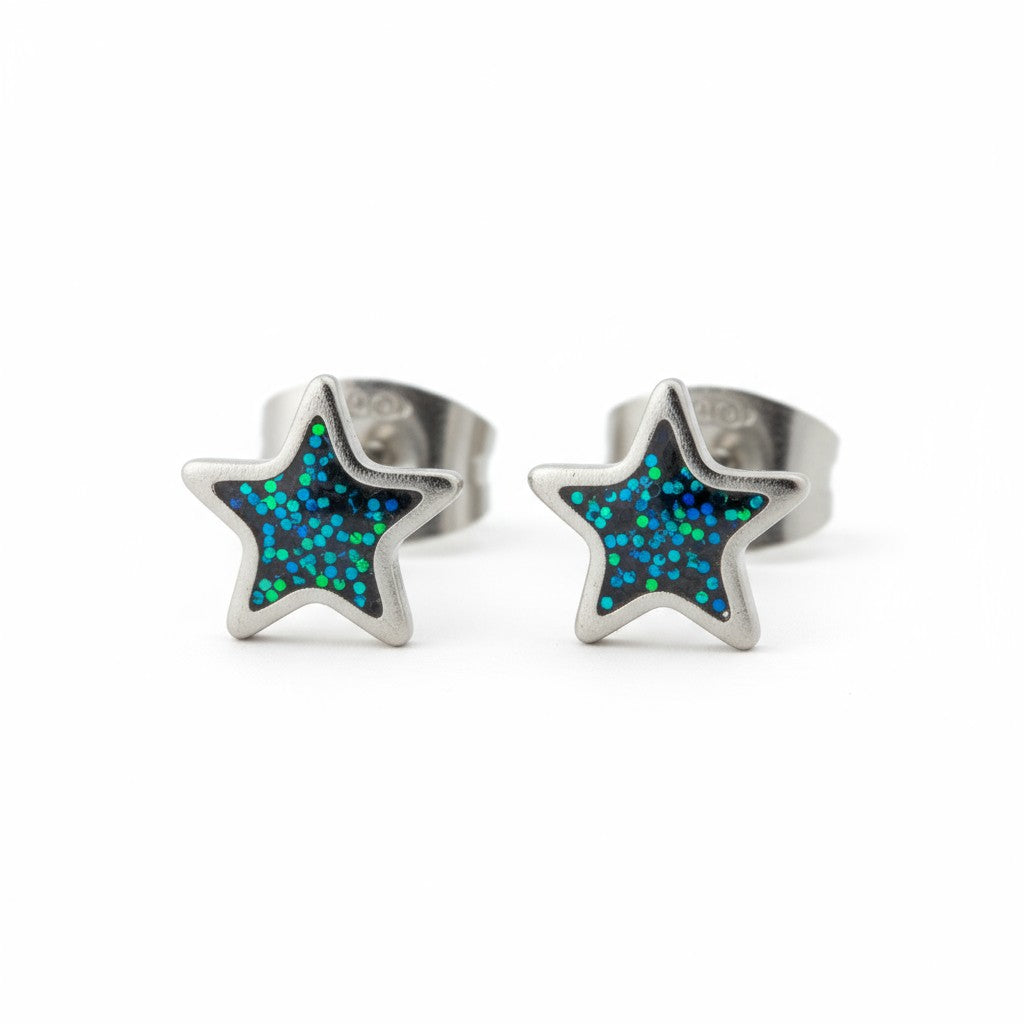 Steel enamel earrings star with glitter 