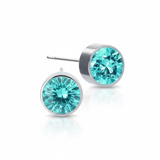 Stud Earrings – Steel Crystal Aqua Blue Silver Color (6mm) 