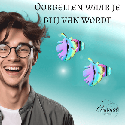 Regenboog blad oorbellen 9 mm - oor154 - Oorbellen kopen# - 9mm - alles - blad