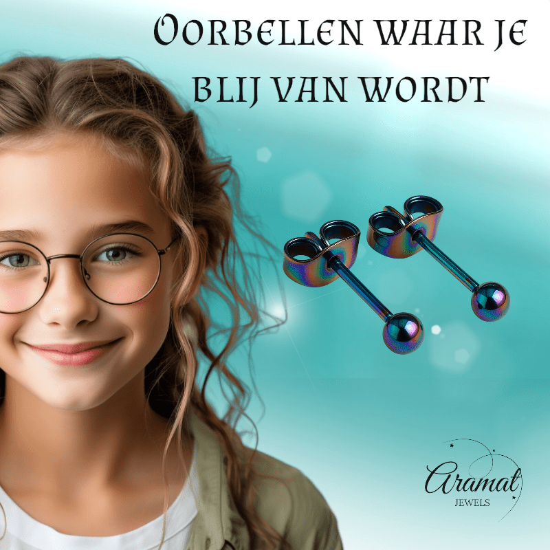 Regenboogkleurige bolletjes oorstuds 3 mm - oor4132 - Oorbellen kopen# - 3mm - alles - bolletjes