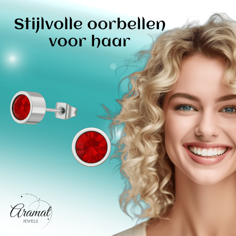 Rode kristal oorstekers – 5mm zilverkleur RVS - Aramat Jewels - Oorbellen - cadeautip