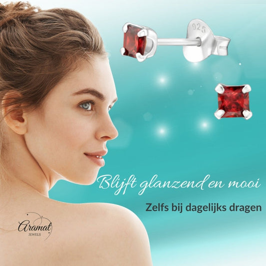 Rode Zirkonia Vierkante Zilveren Oorbellen 3mm - Aramat Jewels - Oorbellen - cadeautip