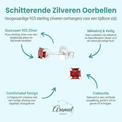 Rode Zirkonia Vierkante Zilveren Oorbellen 3mm - Aramat Jewels - Oorbellen - cadeautip