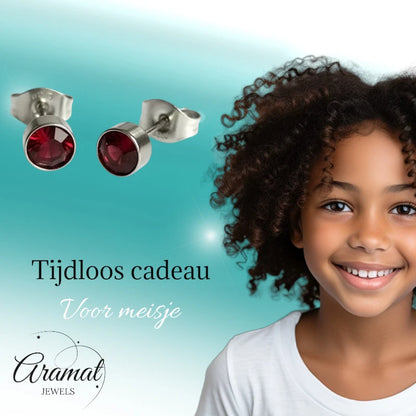 Boucles d'oreilles puces – Acier cristal rouge argenté (5 mm) 