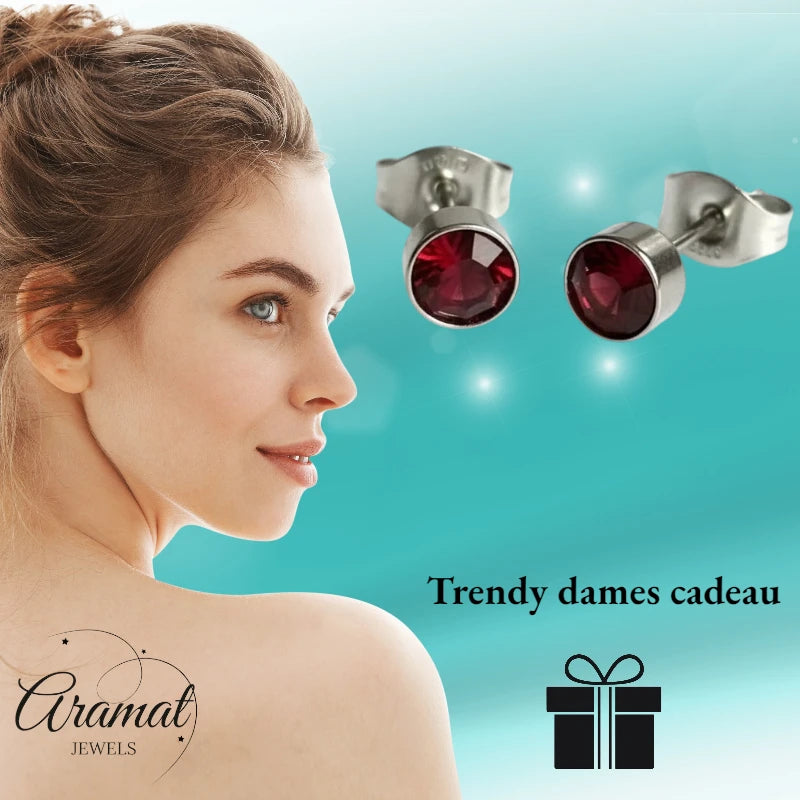 Boucles d'oreilles puces – Acier cristal rouge argenté (5 mm) 