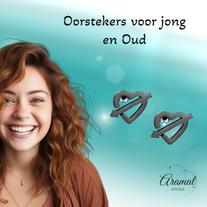 Roestvrij Staal Hart Pijl Oorbellen Zwart 9x8mm - Aramat Jewels - Oorbellen - cadeautip