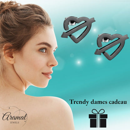 Roestvrij Staal Hart Pijl Oorbellen Zwart 9x8mm - Aramat Jewels - Oorbellen - cadeautip
