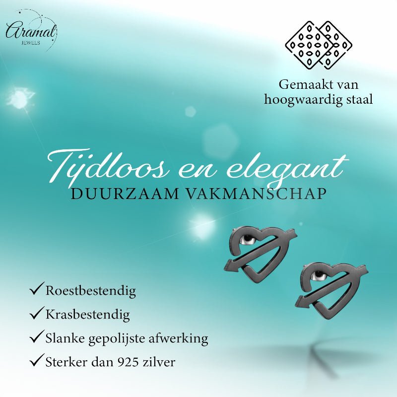 Roestvrij Staal Hart Pijl Oorbellen Zwart 9x8mm - Aramat Jewels - Oorbellen - cadeautip