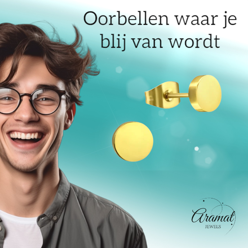 Gold-colored Round Ear Studs Stainless Steel 8mm