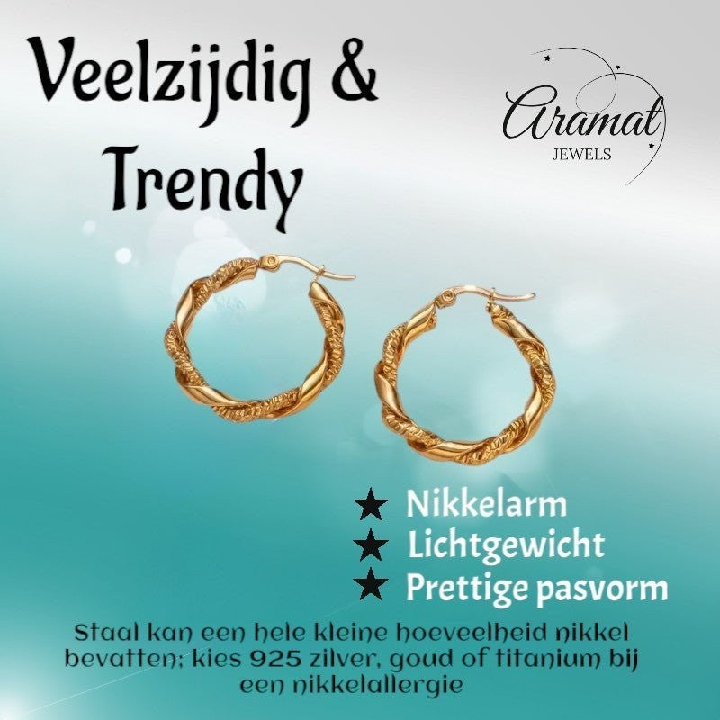 Ronde Oorringen RVS 30mm – Goudkleurig – Glad & Gedraaid Motief - oor6315 - 528902 - Oorringen kopen# - 30mm - alles - cadeau
