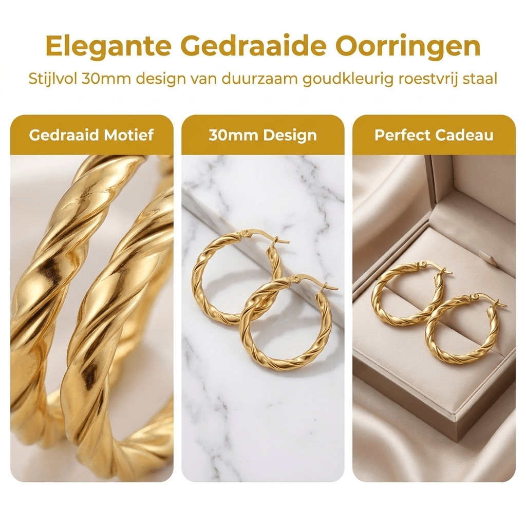 Ronde Oorringen RVS 30mm – Goudkleurig met Gedraaid Motief - Aramat Jewels - Oorringen - cadeautip