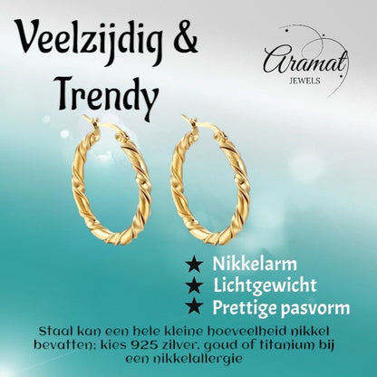Ronde Oorringen RVS 30mm – Goudkleurig met Gedraaid Motief - oor6313 - MS - 023 - Oorringen kopen# - 30mm - alles - cadeau
