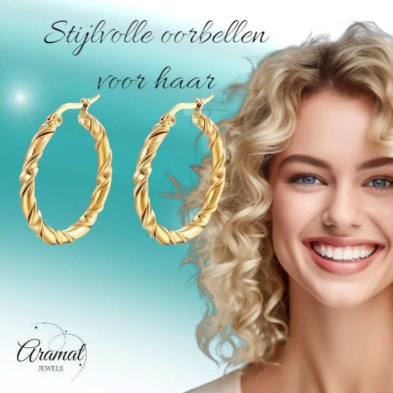 Ronde Oorringen RVS 30mm – Goudkleurig met Gedraaid Motief - oor6313 - MS - 023 - Oorringen kopen# - 30mm - alles - cadeau