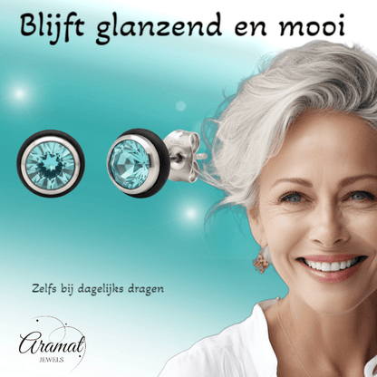 Ronde Stalen Oorbellen met Lichtblauwe Zirkonia - Aramat Jewels - Oorbellen - cadeautip