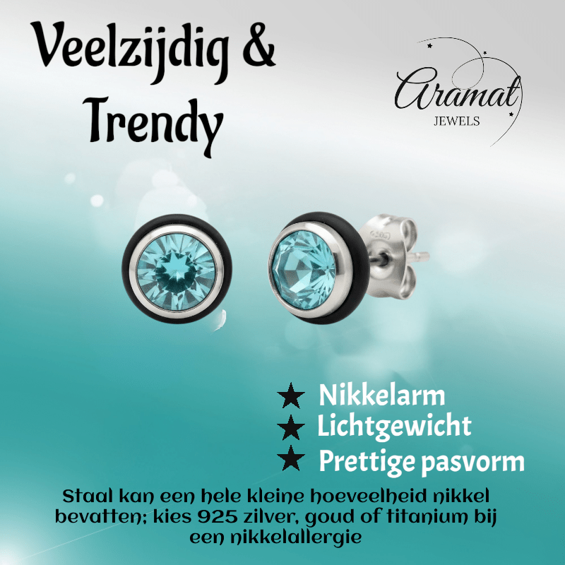 Ronde Stalen Oorbellen met Lichtblauwe Zirkonia - Aramat Jewels - Oorbellen - cadeautip