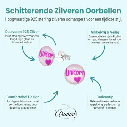 Ronde Zilveren Oorbellen - Unicorn Tekst & Roze Acryl - Aramat Jewels - Oorbellen - cadeautip