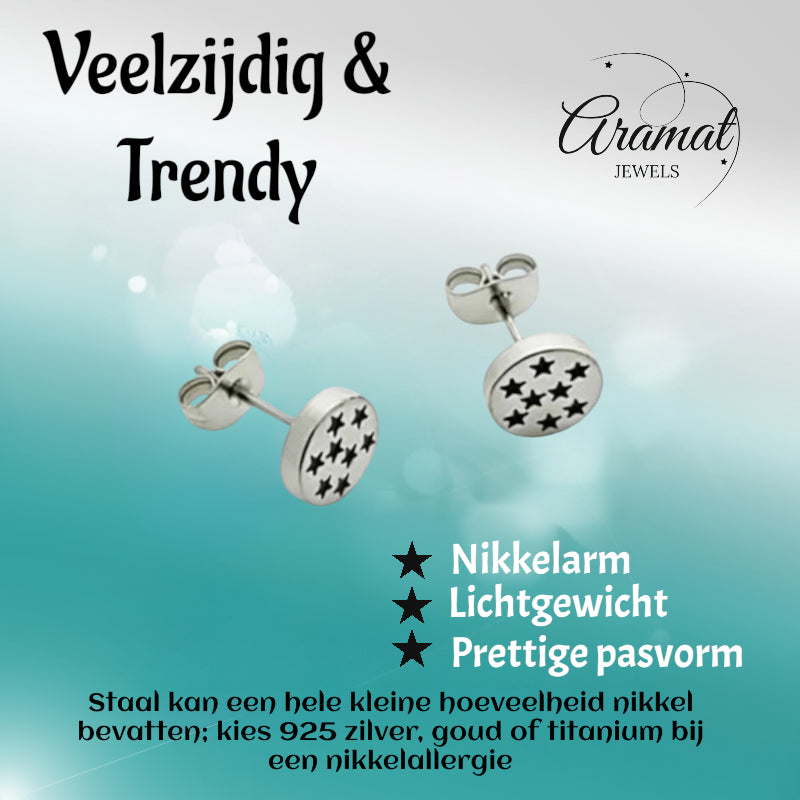 Boucles d'oreilles – Acier inoxydable motif étoile argent/noir (8 mm) 