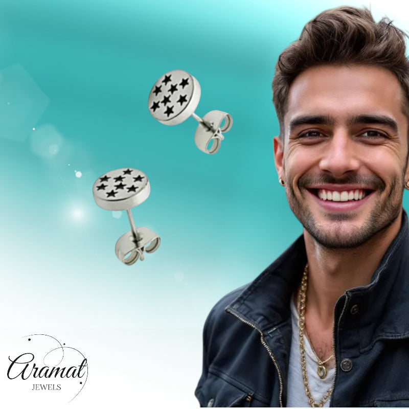 Boucles d'oreilles – Acier inoxydable motif étoile argent/noir (8 mm) 