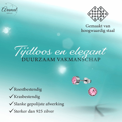 Roze kristal oorstekers – 5mm zilver RVS - Aramat Jewels - Oorbellen - cadeautip