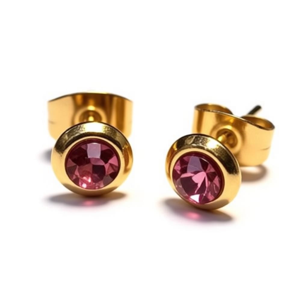 Stud Earrings – Stainless Steel Gold Colored with Pink Crystal (6mm) 