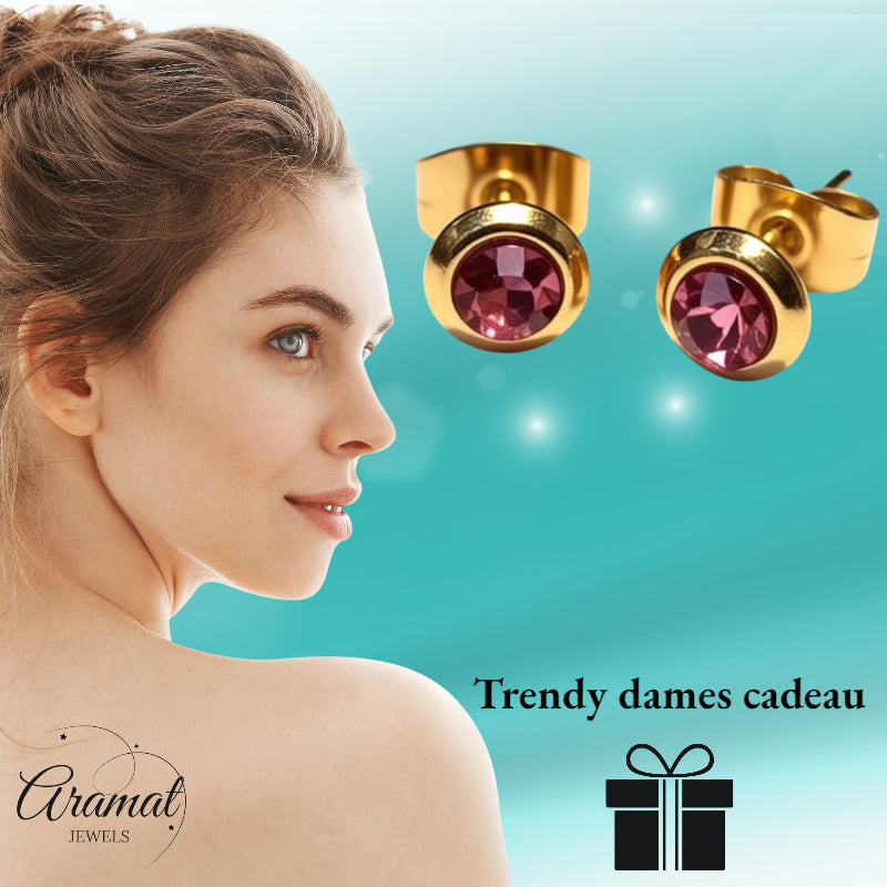 Stud Earrings – Stainless Steel Gold Colored with Pink Crystal (6mm) 