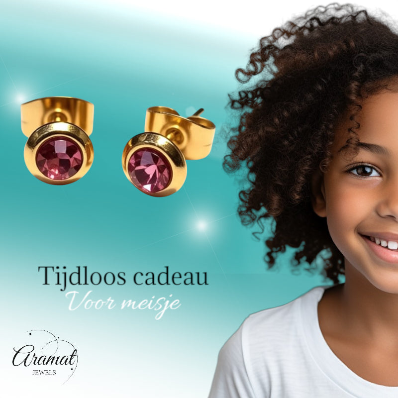 Stud Earrings – Stainless Steel Gold Colored with Pink Crystal (6mm) 