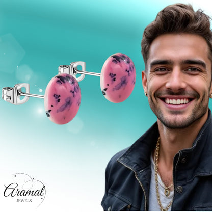 Stud Earrings – Stainless Steel Pink Marble Look Round (12mm) 