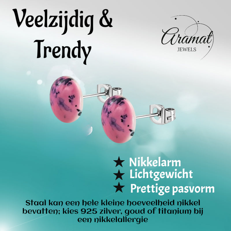 Stud Earrings – Stainless Steel Pink Marble Look Round (12mm) 