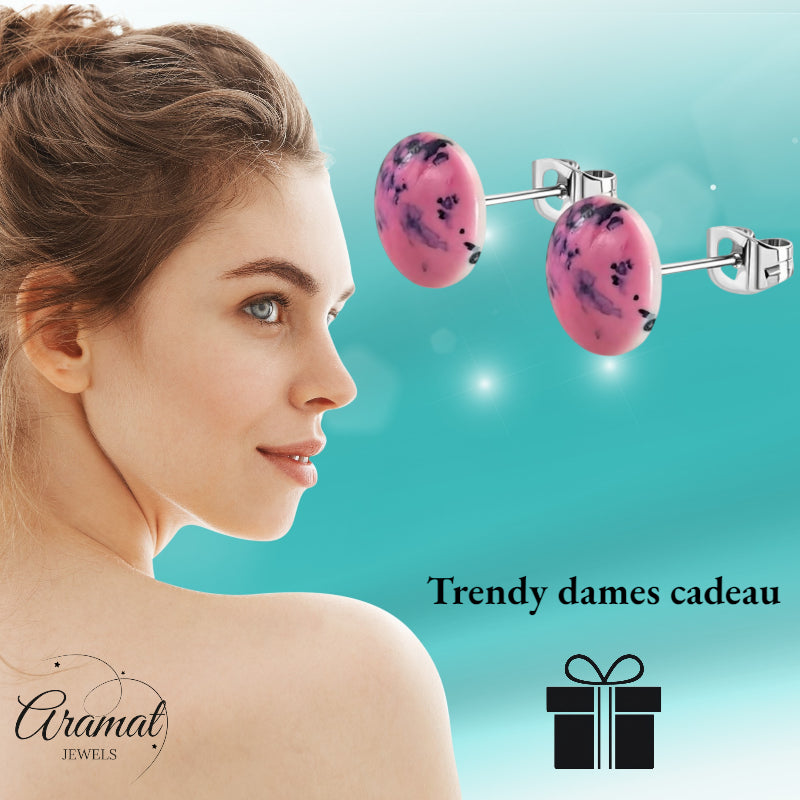 Stud Earrings – Stainless Steel Pink Marble Look Round (12mm) 